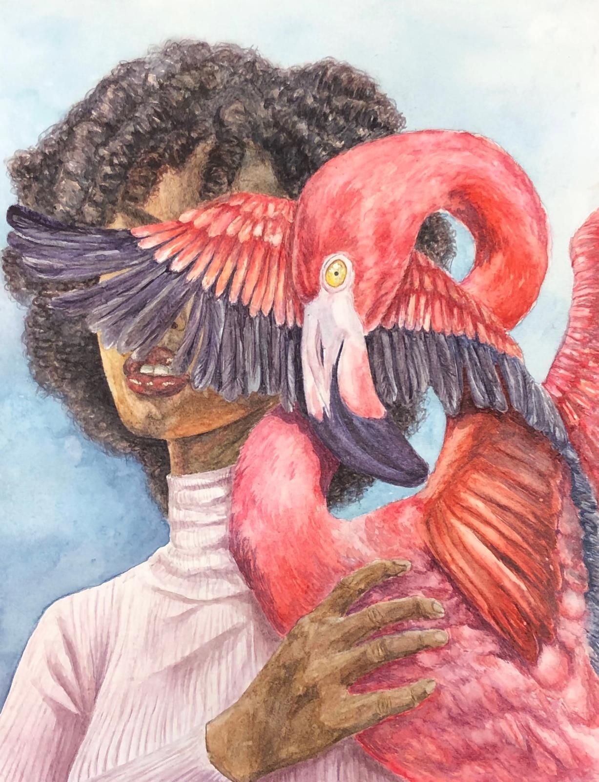 A person with dark curly hair in a pale pink turtleneck holds a flamingo close to their face, its outstretched wing covering their eyes.